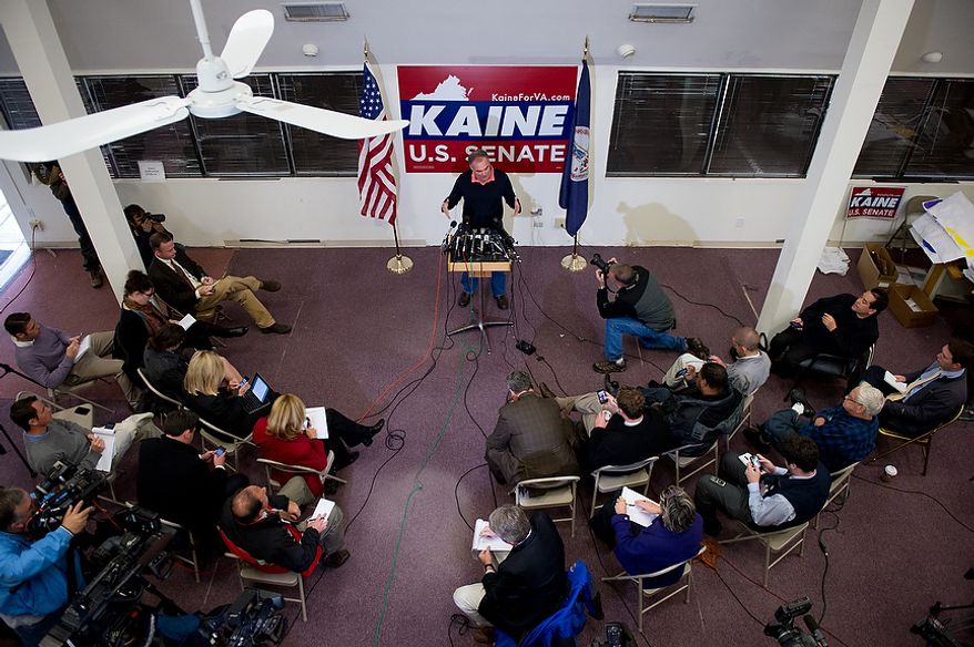 Virginia Senator Elect Tim Kaine (D) speaks at a press conference at Kaine for Virginia's Richmond headquarters the day after after winning the election, Richmond, Va., Wednesday, November 7, 2012. (Andrew Harnik/The Washington Times)