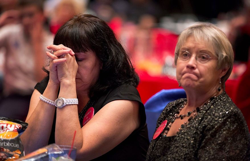 Mitt Romney supporter and campaign volunteer Lynn Short, right, and a supporter who wished not to be identified, react as they watch presidential election returns at a GOP watch party, Tuesday, Nov. 6, 2012, in Las Vegas. (AP Photo/Julie Jacobson)