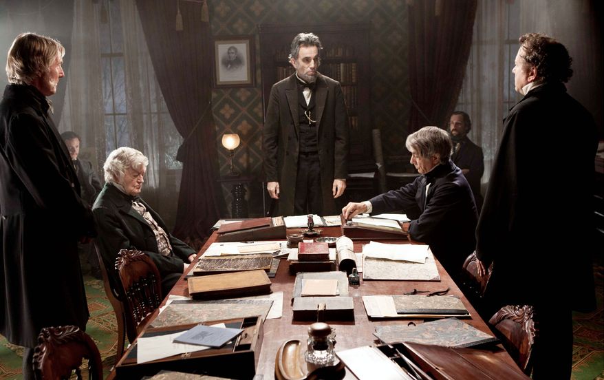 This undated publicity photo released by DreamWorks and Twentieth Century Fox shows, Daniel Day-Lewis, center rear, as Abraham Lincoln, in a scene from the film, &quot;Lincoln.&quot; (AP Photo/DreamWorks and Twentieth Century Fox, David James)