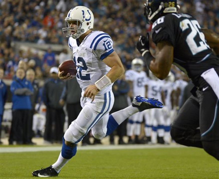 Indianapolis Colts quarterback Andrew Luck (12) outruns Jacksonville Jaguars strong safety Dawan Landry (26) to score a touchdown during the second quarter of an NFL game Thursday, Nov. 8, 2012, in Jacksonville, Fla. (AP Photo/Phelan M. Ebenhack)