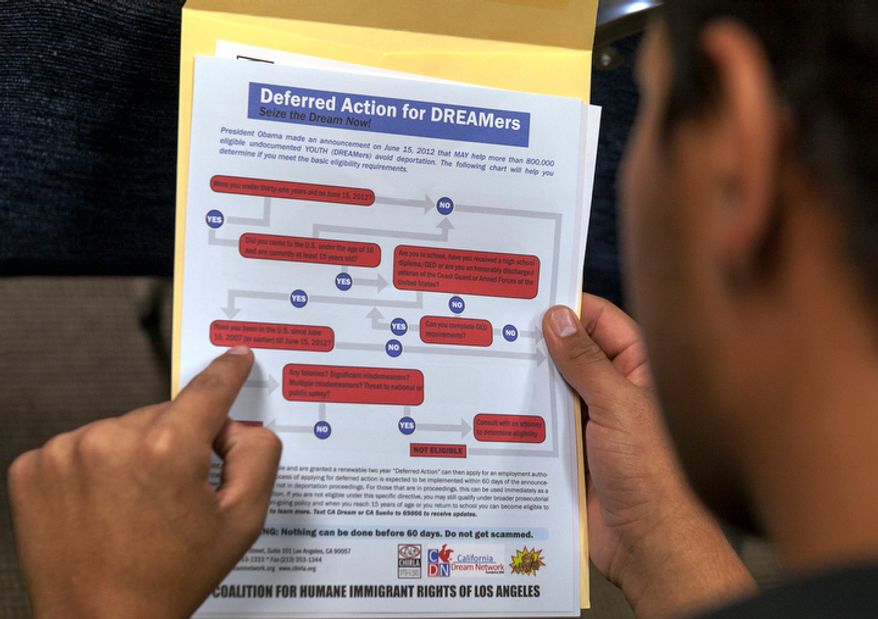 A legal immigrant reads a guide of the conditions needed to apply for the so-called &#39;DREAMers&#39; Obama program, formally known as Deferred Action for Childhood Arrivals (DACA), at the Coalition for Humane Immigrant Rights offices in Los Angeles on Aug. 15, 2012. Hundreds of thousands of young illegal immigrants scrambled to get papers in order as the U.S. started accepting applications to allow them to avoid deportation and get a work permit, but not a path to citizenship. (Associated Press) **FILE**