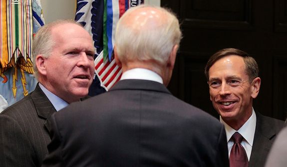 Vice President Joe Biden (center) talks Sept., 6, 2011, with John Brennan (left), President Obama&#39;s chief counterterrorism adviser, and CIA director David Petraeus following a swearing-in ceremony in the Roosevelt Room of the White House in Washington. (Associated Press)