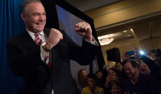 Tim Kaine (D) arrives to a cheering audience at his election night party  at the Richmond Marriott after winning the Virginia election for U.S. Senate, Richmond, Va., Tuesday, November 6, 2012. (Andrew Harnik/The Washington Times)