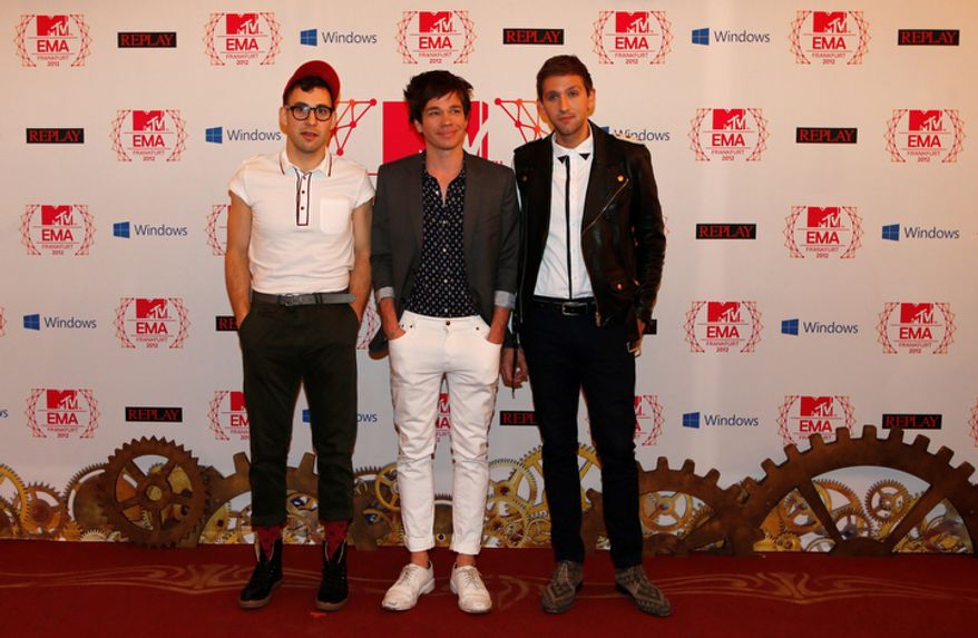 US band 'fun.' arrive on the red carpet of the 2012 MTV European Music Awards show at the Festhalle in Frankfurt, central Germany, Sunday, Nov. 11, 2012. (AP Photo/Frank Augstein)