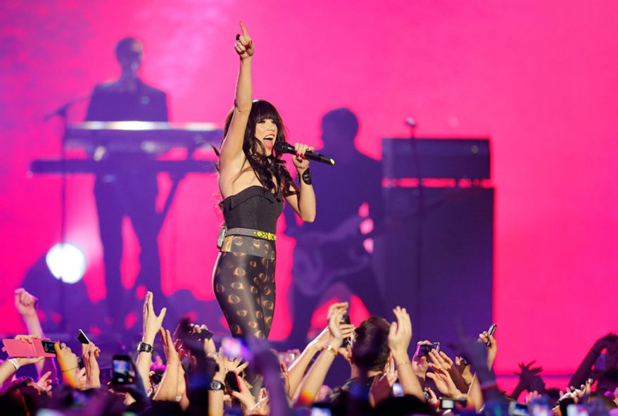 Canadian singer Carly Rae Jepsen performs during the 2012 MTV European Music Awards show at the Festhalle in Frankfurt, central Germany, Sunday, Nov. 11, 2012. (AP Photo/Michael Probst)