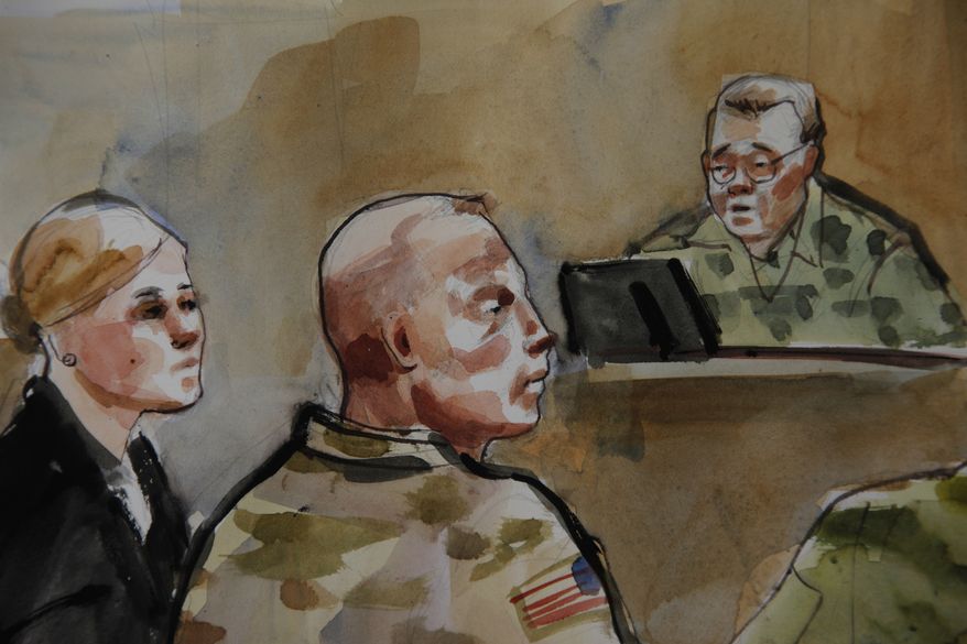 **FILE** In this courtroom sketch, U.S. Army Staff Sgt. Robert Bales (center) is shown Nov. 5, 2012, during a preliminary hearing in a military courtroom at Joint Base Lewis McChord in Washington state. An Afghan National Army guard who reported seeing a U.S. soldier outside a remote base the night 16 civilians were massacred in March said the man did not stop even after being asked three times to do so. (Associated Press)