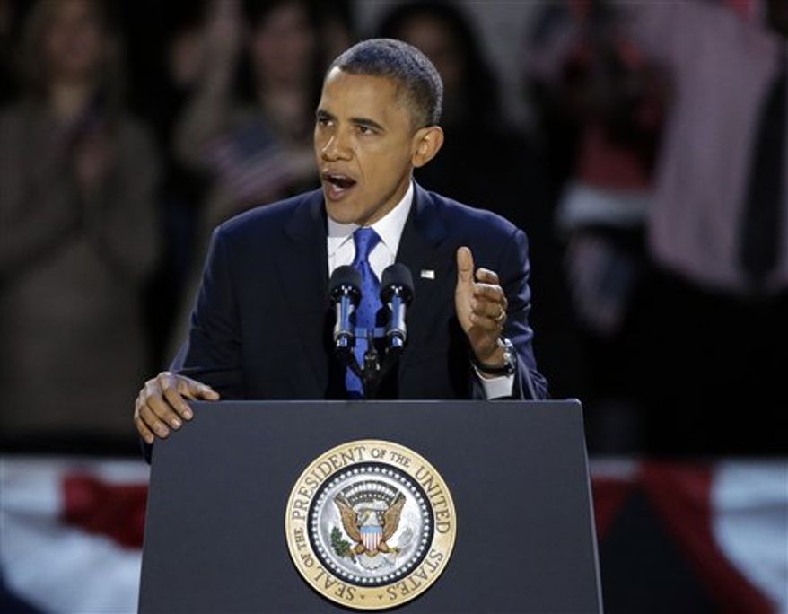 **FILE** President Obama speaks Nov. 7, 2012, at his election night party in Chicago. (Associated Press)