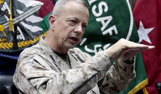 ** FILE ** This July 22, 2012, file photo shows U.S. Gen. John Allen, top commander of the NATO-led International Security Assistance Forces (ISAF) and U.S. forces in Afghanistan, during an interview with The Associated Press in Kabul, Afghanistan. (AP Photo/Musadeq Sadeq, File)

