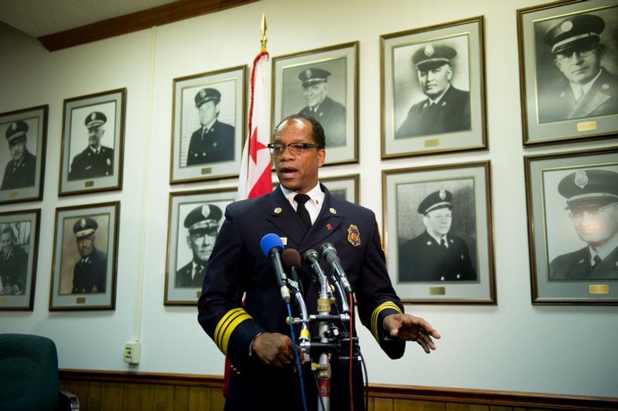 Washington, D.C. Fire and EMS Chief Kenneth B. Ellerbe speaks at a press conference held at Fire and EMS headquarters on his proposed plan to redeploy the department’s emergency medical service workers into a configuration that would leave ambulances staffed with no paramedics during the overnight hours, Washington, D.C., Tuesday, November 13, 2012. (Andrew Harnik/The Washington Times)