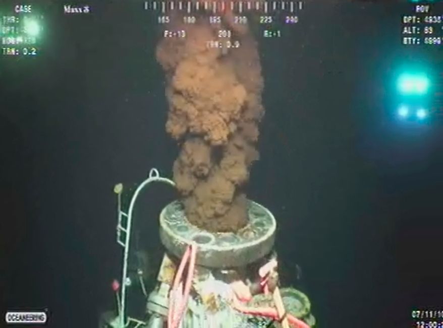 In this image taken from video provided by BP PLC, oil leaks from the fractured wellhead at the site of the Deepwater Horizon oil spill in the Gulf of Mexico, Sunday, July 11, 2010. (AP Photo/BP PLC)