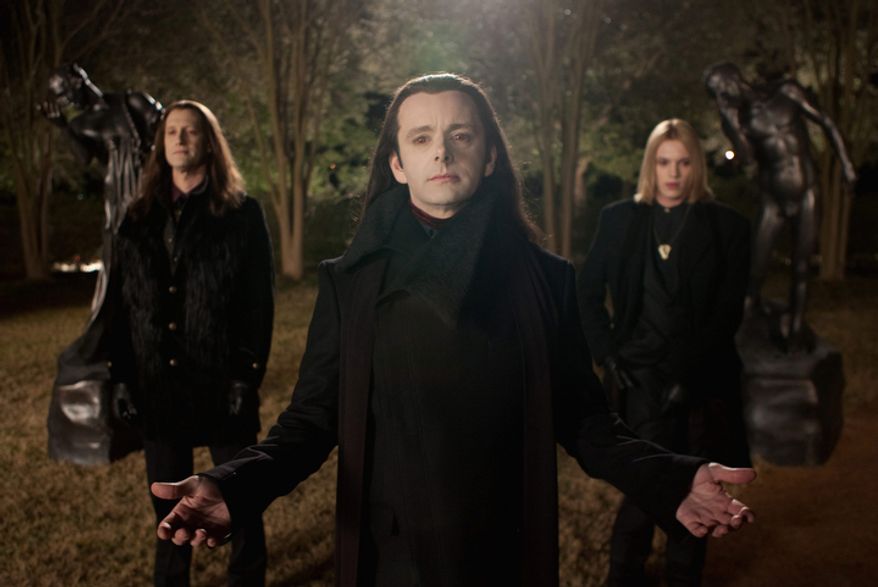 This film image released by Summit Entertainment shows Christopher Heyerdahl, left, Michael Sheen, center, and Jamie Campbell Bower in a scene from "The Twilight Saga: Breaking Dawn Part 2." (AP Photo/Summit Entertainment, Andrew Cooper)
