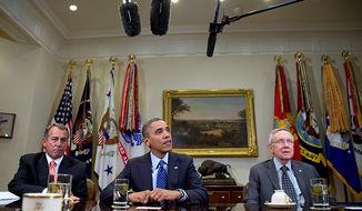 President Barack Obama, flanked by House Speaker John Boehner of Ohio, left, and Senate Majority Leader Harry Reid of Nev., speaks to reporters in the Roosevelt Room of the White House in Washington, Friday, Nov. 16, 2012, as he hosted meeting of the bipartisan, bicameral leadership of Congress to discuss the deficit and economy.  (AP Photo/Carolyn Kaster)