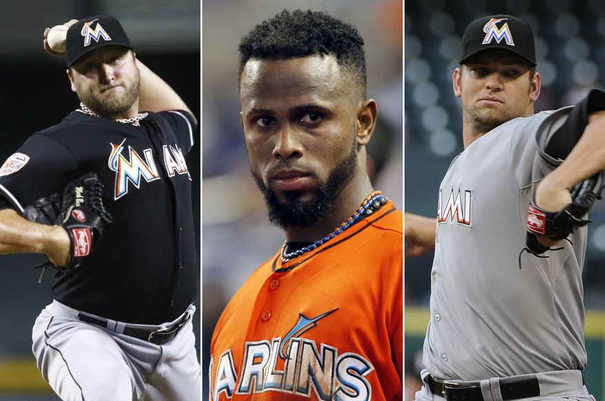 This photo combo made from file photos shows Miami Marlins players, from left, pitcher Mark Buehrle, shortstop Jose Reyes, and pitcher Josh Johnson. The Miami Marlins have finalized their big salary dumping trade that sends Reyes to the Toronto Blue Jays with pitchers Buehrle and Johnson, catcher John Buck and outfielder Emilio Bonifacio for seven relatively low-priced players. (AP Photos)