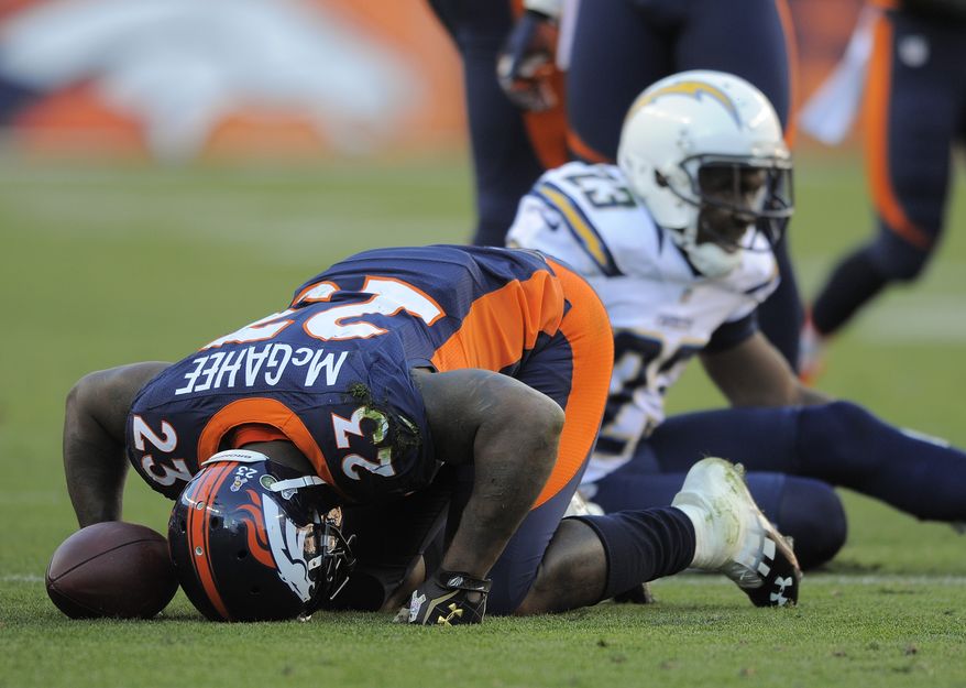 Denver Broncos running back Willis McGahee (23) is slow to get up after a run against the San Diego Chargers in the second quarter of an NFL football game, Sunday, Nov. 18, 2012, in Denver. McGahee left the game. (AP Photo/Jack Dempsey)