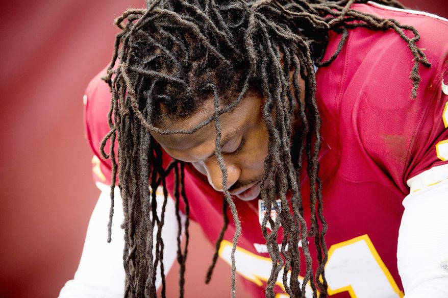 Safety Brandon Meriweather played just over a half of one game before his first season as a Redskin ended with a torn ACL. An injury to his left knee forced him to miss the first nine games. Meriweather, a two-time Pro Bowler, signed a two-year deal as a free agent in the offseason. (Andrew Harnik/The Washington Times)