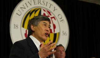 University of Maryland President Wallace D. Loh offers remarks during a press conference to announce the University of Maryland&#39;s joining the Big Ten Conference, at the University of Maryland in College Park, Md., Monday, Nov. 19, 2012. (Rod Lamkey Jr./The Washington Times) ** FILE **