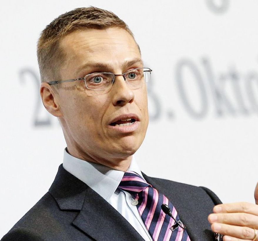 The Foreign Minister of Finland Alexander Stubb, speaks during the ‘2nd Berlin Foreign Policy Forum’ in Berlin, Germany, Tuesday, Oct. 23, 2012. (AP Photo/Michael Sohn)