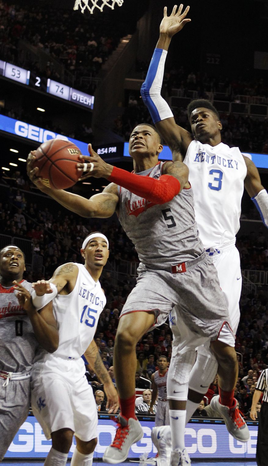 Nick Faust (shown in action against Kentucky) had his steadiest game yet, scoring 13 points and notching eight rebounds in Maryland's 83-74 win against Lafayette on Tuesday. (Associated Press)