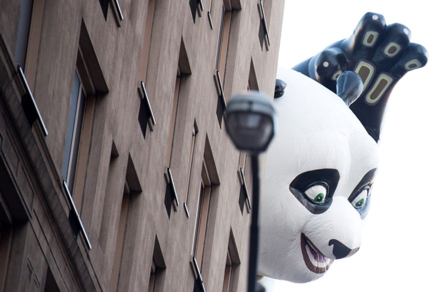 The Kung Fu Panda balloon floats in the Macy's Thanksgiving Day Parade in New York, Thursday, Nov. 22, 2012. The American harvest holiday came as portions of the Northeast were still coping with the wake of Superstorm Sandy, and volunteers planned to serve thousands of turkey dinners to people it left homeless or struggling. (AP Photo/Charles Sykes)