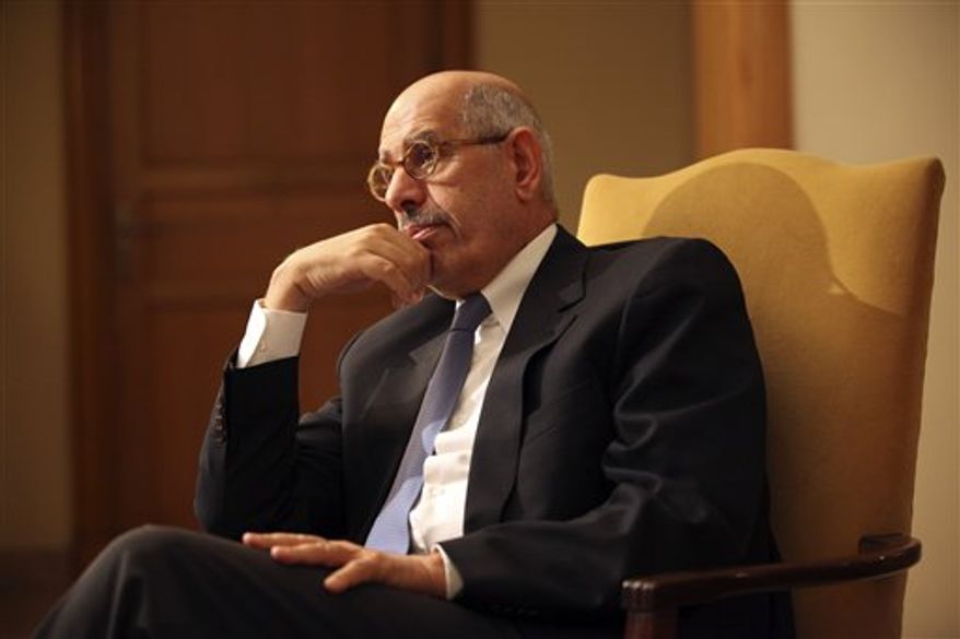 ** FILE ** Leading democracy advocate Mohammed ElBaradei, during an interview with the media at his home on the outskirts of Cairo on Saturday, Nov. 24, 2012, says dialogue with Egyptian Islamist President Mohammed Morsi is not possible until Mr. Morsi rescinds the decrees giving himself near-absolute powers. Mr. ElBaradei, a Nobel Peace laureate for his past work as the head of the U.N. nuclear agency, has formed a National Salvation Front with other liberal and secular leaders, trying to unify the opposition against Mr. Morsi. (AP Photo/Thomas Hartwell)