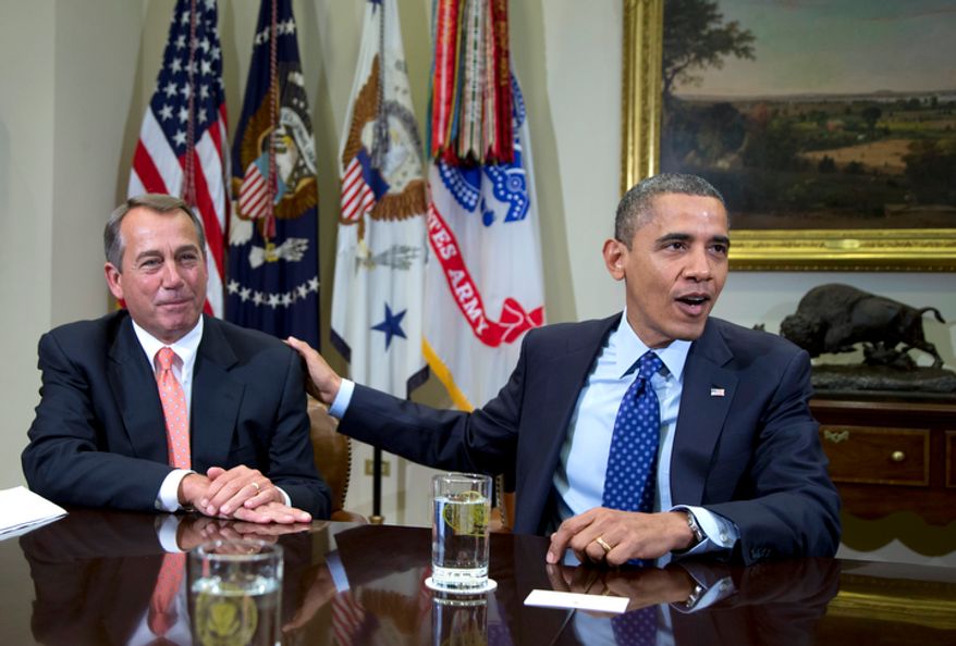 In this Nov. 16, 2012, photo, President Obama acknowledges House Speaker John A. Boehner, Ohio Republican, while speaking to reporters in the Roosevelt Room of the White House in Washington, as he hosted a meeting of the bipartisan, bicameral leadership of Congress to discuss the deficit and economy. A big coalition of business groups says there must be give-and-take in the negotiations to avoid the "fiscal cliff" of massive tax increases and spending cuts. But the coalition also says raising tax rates is out of the question. The group doesn't care that Mr. Obama campaigned to raise tax rates on the rich. The same song is sung by groups representing retirees, colleges and countless others. (AP Photo/Carolyn Kaster)