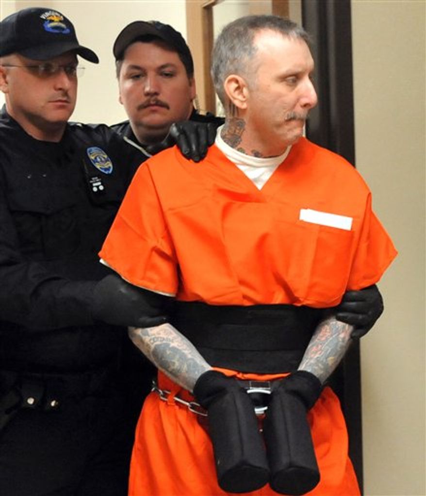 ** FILE ** In this Tuesday Jan. 25. 2012 photo, Robert Gleason Jr. is escorted into a Wise County courtroom in Wise, Va. An execution date of Jan. 16, 2013 has been set for Gleason, who strangled two inmates in the state's highest security prisons and vowed to keep killing unless he was put to death. (AP Photo/Bristol Herald Courier, David Crigger, File)