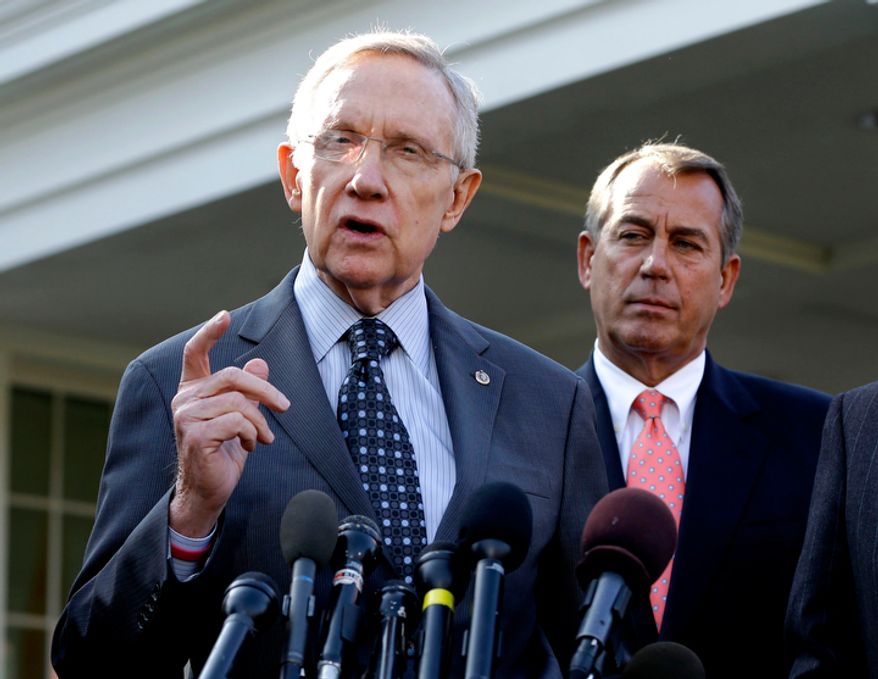 Senate Majority Leader Harry Reid (left), with House Speaker John A. Boehner, speaks to reporters outside the White House in Washington on Friday, Nov. 16, 2012, following a meeting with President Obama to discuss the economy and the deficit. Mr. Obama's re-election has stiffened Democrats' spine against cutting popular benefit programs such as Medicare and Social Security. Their new resolve could become as big a hurdle to reaching a deal for skirting economy-crippling tax increases and spending cuts in January as Republicans' resistance to raising tax rates on the wealthy. (AP Photo/Jacquelyn Martin)