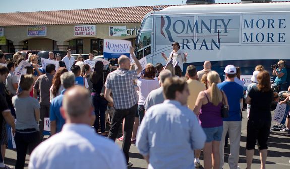 Comedian Paul Rodriguez speaks to a crowd of Mitt Romney supporters outside a Romney campaign office in Las Vegas on Saturday, Oct. 20, 2012. Romney officials argue that Hispanics, who suffer from a 9.9 percent unemployment rate, more than 2 points higher than the national rate, are naturally drawn to the GOP ticket. But some Romney supporters are pessimistic that Republicans can make inroads with a population that, many polls show, favors President Obama by a 2-1 margin. (AP Photo/Julie Jacobson)