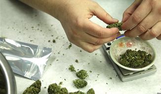 ** FILE ** In this Oct. 10, 2012, photo, marijuana is weighed and packaged for sale at the Northwest Patient Resource Center medical marijuana dispensary in Seattle. (Associated Press)