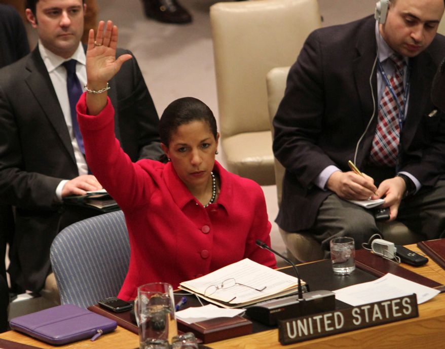 Susan Rice, U.N. ambassador to the United Nations, votes to support a Security Council resolution backing an Arab League call for Syrian President Bashar Assad to step down, at the world body's headquarters on Saturday, Feb. 4, 2012. The unusual weekend session came as Syrian forces pummeled the city of Homs with mortars and artillery in what activists are calling one of the bloodiest episodes of the uprising. (AP Photo/Mary Altaffer)
