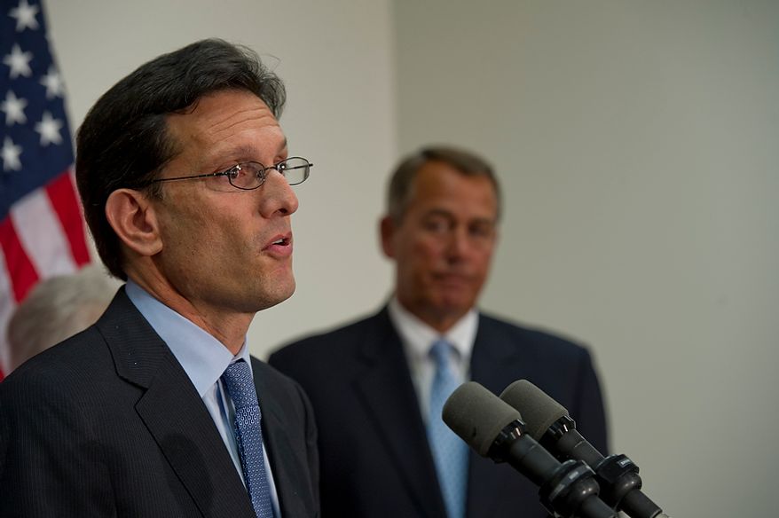 House Majority Leader Eric Cantor speaks to the media Wednesday, Nov. 28, 2012 at the U.S. Capitol following a conference meeting with fellow House Republican leaders about the fiscal cliff. (Barbara L. Salisbury/The Washington Times)