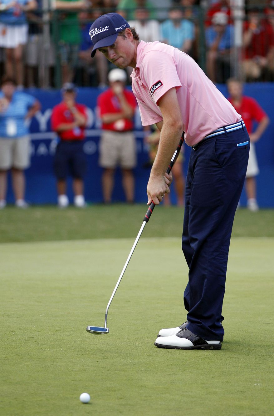 FILE - In this Aug. 20, 2011, file photo,Webb Simpson putts on the 18th hole during the third round of the Wyndham Championship golf tournament in Greensboro, N.C. Webb Simpson and Keegan Bradley, two of the major faces in the debate over belly putters, said Tuesday, Nov. 27, 2012, they would not fight a change in the rules if golf&#39;s governing bodies decide to outlaw putters anchored to the body. (AP Photo/Chuck Burton, File)