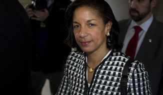 ** FILE ** U.N. Ambassador Susan E. Rice leaves a meeting on Capitol Hill in Washington on Wednesday, Nov. 28, 2012, with Sens. Susan Collins, Maine Republican, and Bob Corker, Tennessee Republican, about the Benghazi terrorist attack. (Associated Press)
