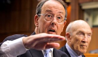Debt commission co-chairmen Erskine Bowles (left) and former Sen. Alan K. Simpson speak to the media after a meeting of the panel on Capitol Hill in Washington on Wednesday, Dec. 1, 2010. (AP Photo/Alex Brandon)