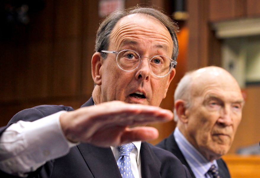 Debt commission co-chairmen Erskine Bowles (left) and former Sen. Alan K. Simpson speak to the media after a meeting of the panel on Capitol Hill in Washington on Wednesday, Dec. 1, 2010. (AP Photo/Alex Brandon)