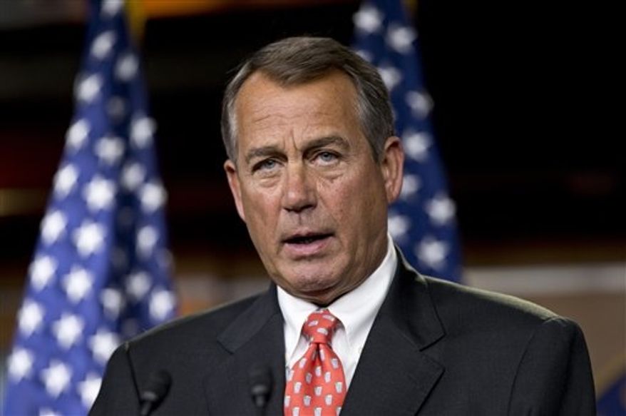 Speaker of the House John Boehner, R-Ohio, talks to reporters after private discussions with Treasury Secretary Timothy Geithner on the fiscal cliff negotiations, at the Capitol in Washington, Thursday, Nov. 29, 2012. (AP Photo/J. Scott Applewhite)