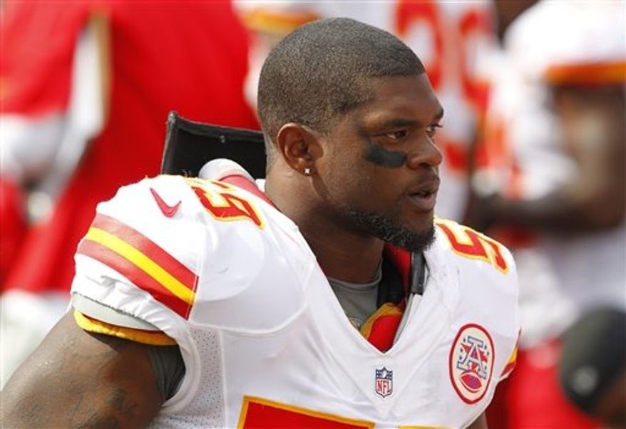 ** FILE ** In this Sept. 16, 2012, file photo, Kansas City Chiefs' Jovan Belcher (59) stands on the sidelines during an NFL football game against the Buffalo Bills in Orchard Park, N.Y. Police say Belcher fatally shot his girlfriend early Saturday, Dec. 1, 2012, in Kansas City, Mo., then drove to Arrowhead Stadium and committed suicide in front of his coach and general manager. (AP Photo/Bill Wippert, File)