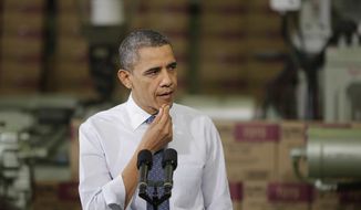 President Barack Obama gestures pauses while speaking at The Rodon Group manufacturing facility, Friday, Nov. 30, 2012, in Hatfield, Pa. (AP Photo/Matt Slocum)