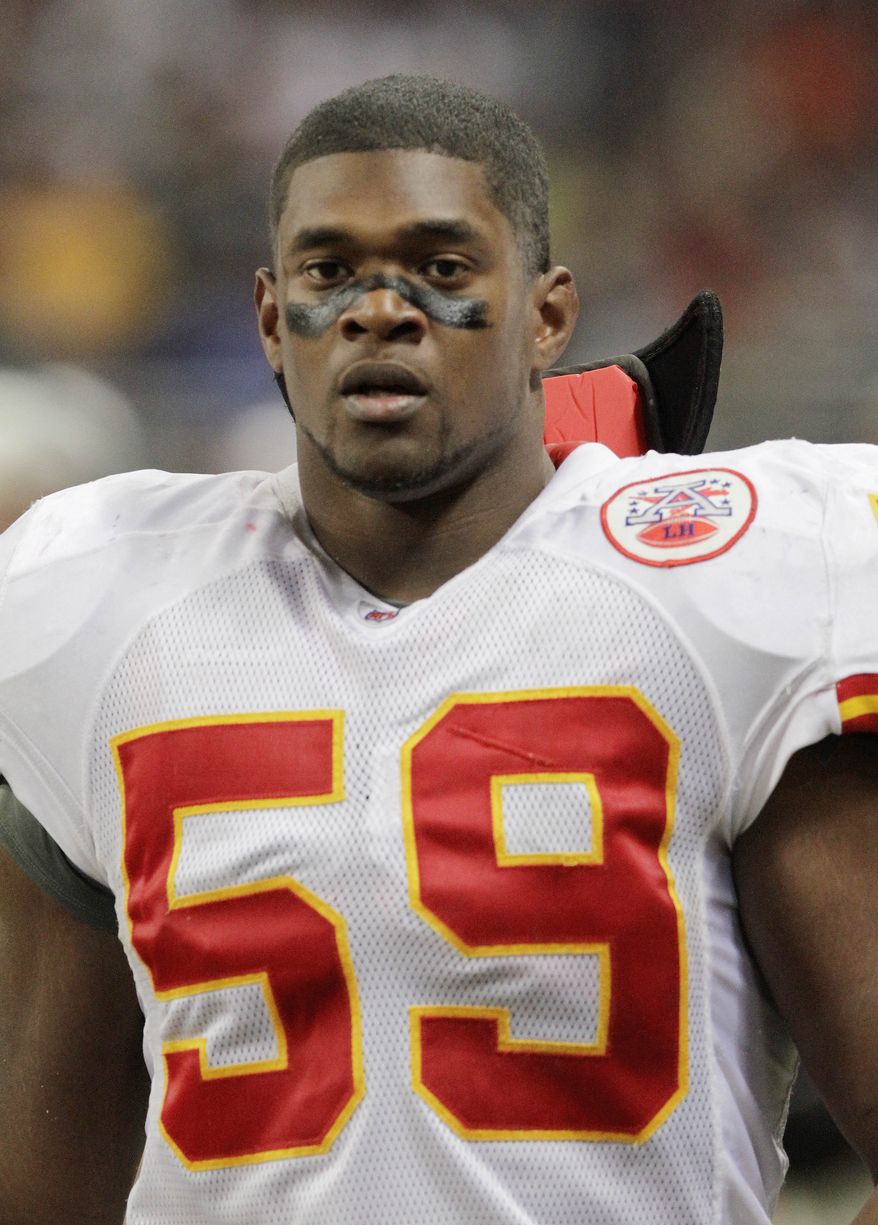 **FILE** Kansas City Chiefs linebacker Jovan Belcher walks off the field Dec. 19, 2010, during the third quarter of an NFL football game against the St. Louis Rams in St. Louis. Police say Belcher fatally shot his girlfriend early Saturday, Dec. 1, 2012, in Kansas City, Mo., then drove to Arrowhead Stadium and committed suicide in front of his coach and general manager. (Associated Press)