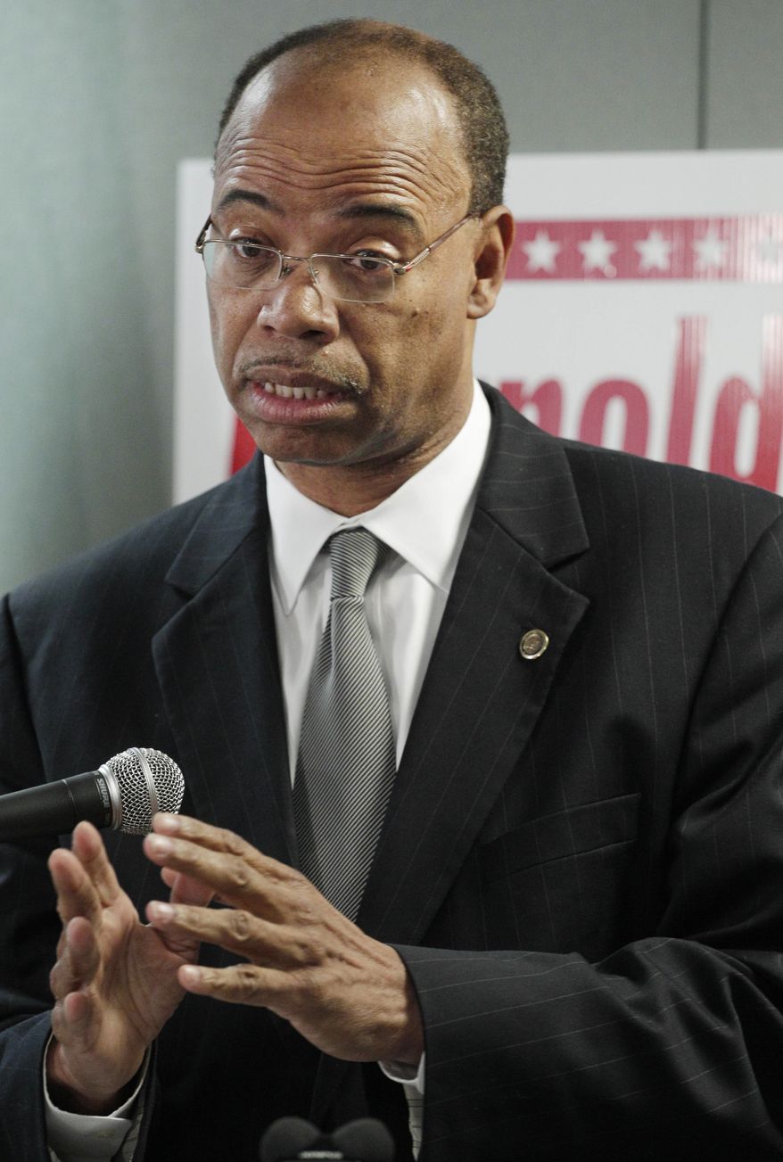 Convicted former Congressman Mel Reynolds announces at a news conference Wednesday, Nov. 28, 2012, in Chicago that he's joining the increasingly crowded field running for the congressional seat Jesse Jackson Jr. vacated last week. Reynolds resigned from office in 1995 after being convicted of having sexual relations with an underage campaign worker. The Democrat also went to prison after being convicted of fraud for concealing debts to obtain bank loans and diverting money intended for voter registration drives into his election campaign. Jackson was first elected in a special election to replace Reynolds. (AP Photo/M. Spencer Green)