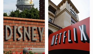This combination of AP file photos shows the Walt Disney logo in Burbank, Calif. on June 2, 2006, and Netflix&#39;s headquarters in Los Gatos, Calif., on March 20, 2012. Netflix&#39;s video subscription service has trumped pay-TV channels and grabbed the rights on Tuesday, Dec. 4, 2012, to show Disney movies shortly after they finish their runs in theaters. (AP Photo/File)