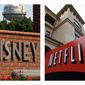 This combination of AP file photos shows the Walt Disney logo in Burbank, Calif. on June 2, 2006, and Netflix&#39;s headquarters in Los Gatos, Calif., on March 20, 2012. Netflix&#39;s video subscription service has trumped pay-TV channels and grabbed the rights on Tuesday, Dec. 4, 2012, to show Disney movies shortly after they finish their runs in theaters. (AP Photo/File)