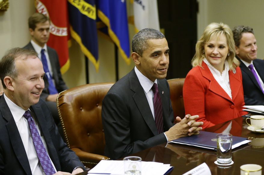 President Obama, flanked by Delaware Gov. Jack Markell, National Governors Association (NGA) Chairman, and Oklahoma Gov. Mary Fallin, NGA Vice Chair, meets Dec. 4, 2012, in the Roosevelt Room at the White House in Washington with the NGA executive committee regarding the fiscal cliff. Treasury Secretary Tim Geithner is at right. (Associated Press)