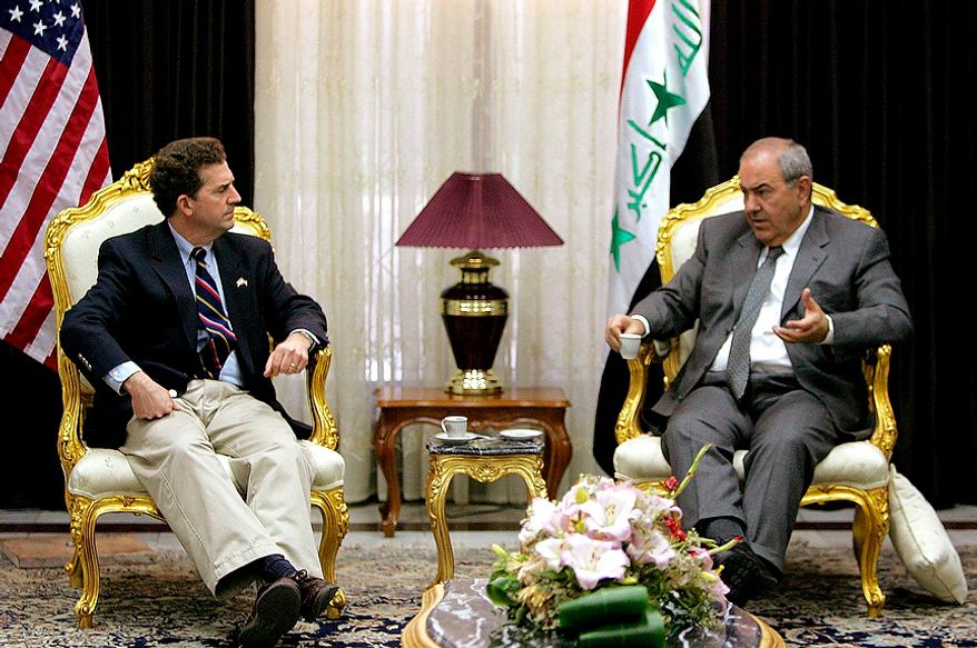 Iraqi Interim Prime Minister Ayad Allawi (right) and U.S. Sen. Jim DeMint, South Carolina Republican, meet in Baghdad on Sunday, Feb. 27, 2005. A delegation of visiting U.S. senators and representatives met with Mr. Allawi, though no statement was made to the media. (AP Photo/Karim Sahib, Pool)