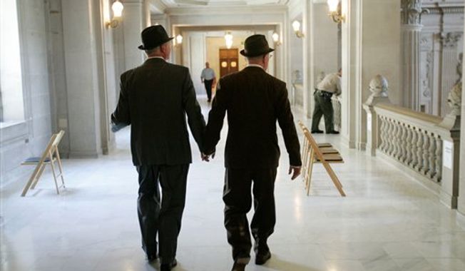 In this file photo from Tuesday, June 17, 2008, Curt Garman, left, and Richard Looke hold hands as they look for a quiet spot to hold their wedding at City Hall in San Francisco. The U.S. Supreme Court decided Friday, Dec. 7, 2012, to hear the appeal of a ruling that struck down Proposition 8, the state’s measure that banned same sex marriages. The highly anticipated decision by the court means same-sex marriages will not resume in California any time soon. The justices likely will not issue a ruling until spring of next year. A federal appeals court ruled in February that Proposition 8’s ban on same-sex marriage was unconstitutional. But the court delayed implementing the order until same-sex marriage opponents proponents could ask the U.S. Supreme Court to review the ruling. (AP Photo/Marcio Jose Sanchez)