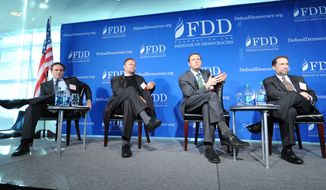 Bret Stephens, deputy editor of the Wall Street Journal; Reuel Marc Gerecht, senior fellow at Foundation for Defense of Democracies (FDD); Brian Katulis, senior fellow at the Center for American Progress; and Rob Satloff, executive director of Washington Institute for Near East Policy, sit on a panel titled &quot;Islamists and Elections: Where Do They Lead?&quot; at FDD&#39;s annual national security conference on Dec. 6, 2012. (Lloyd Wolf/FDD)