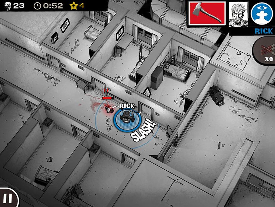 Deputy Sheriff Rick Grimes escapes a hospital in the iPad game The Walking Dead: Assault.