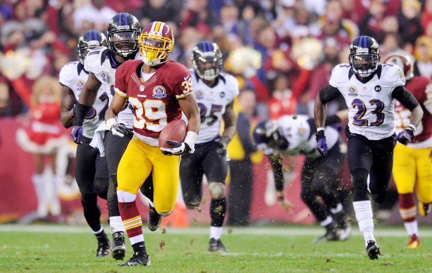 Redskins cornerback Richard Crawford returns a punt 64 yards in overtime, setting up Kai Forbath's winning field goal. (Preston Keres/Special to The Washington Times)