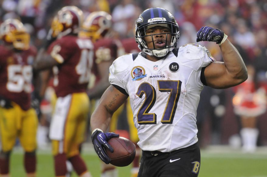 Baltimore Ravens running back Ray Rice (27) celebrates his 7-yard touchdown run in the fourth quarter at FedEx Field, Landover, Md., Dec. 9, 2012. (Preston Keres/Special to The Washington Times)