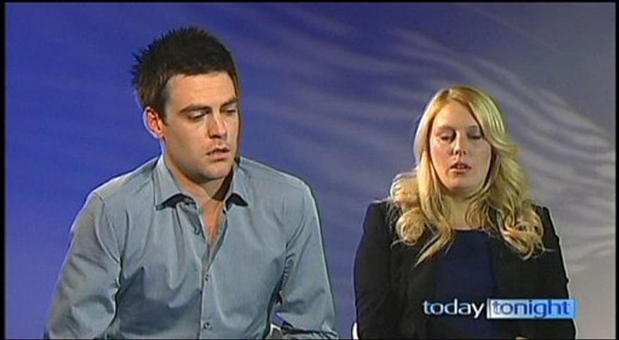 In this image made from video footage recorded on Monday, Dec. 10, 2012, and aired later in the day by Australia's Channel Seven, Australian radio disc jockeys Michael Christian (left) and Mel Greig appear during an interview with the TV station. The two managed to impersonate Queen Elizabeth II and Prince Charles and received confidential information about the Duchess of Cambridge's medical condition, which was broadcast on air. (AP Photo/Channel Seven)